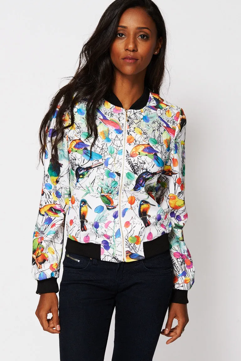 White Bird Print Bomber Jacket