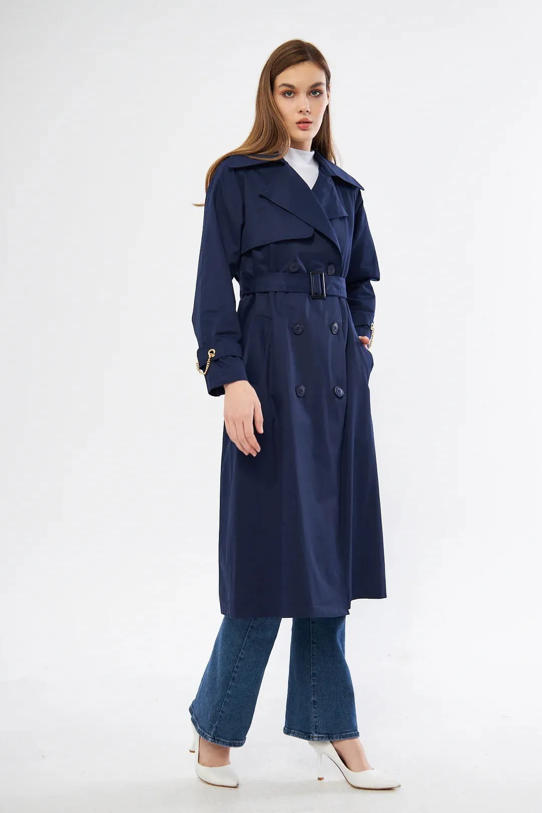 Women's Chain Detail Long Trench Coat -Navy Blue- SCB-W12386