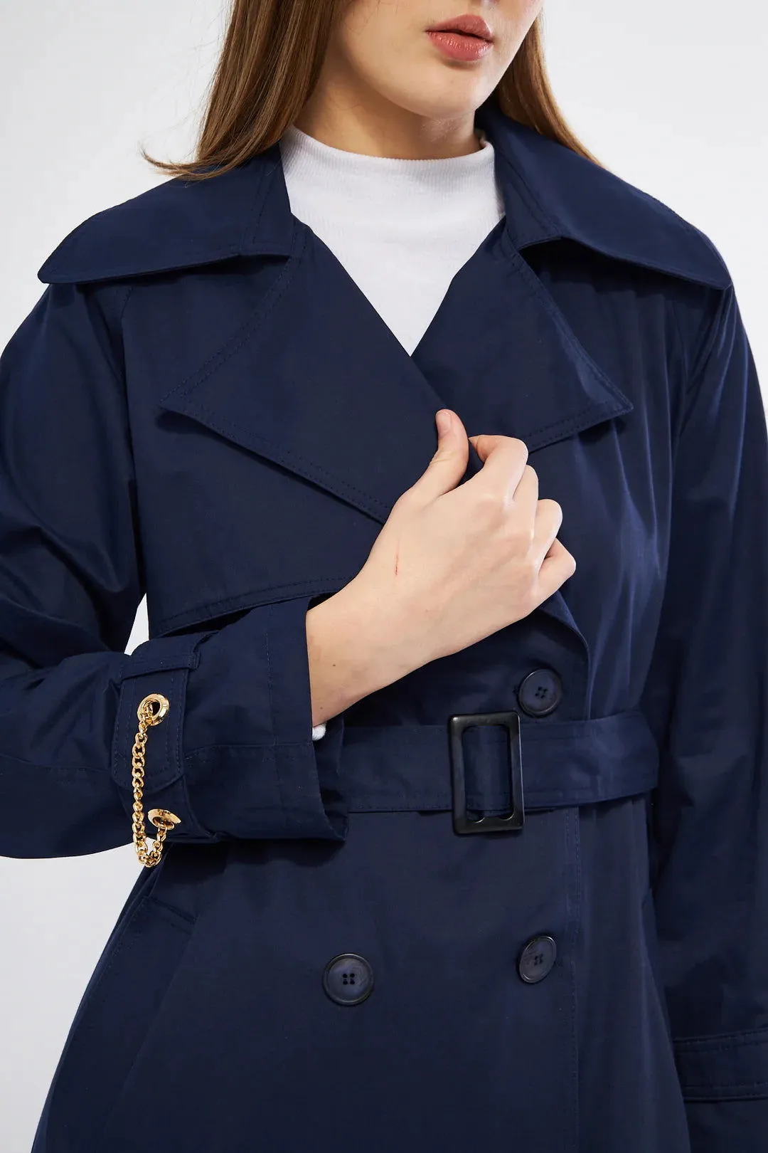 Women's Chain Detail Long Trench Coat -Navy Blue- SCB-W12386