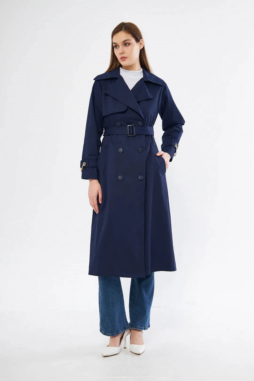 Women's Chain Detail Long Trench Coat -Navy Blue- SCB-W12386