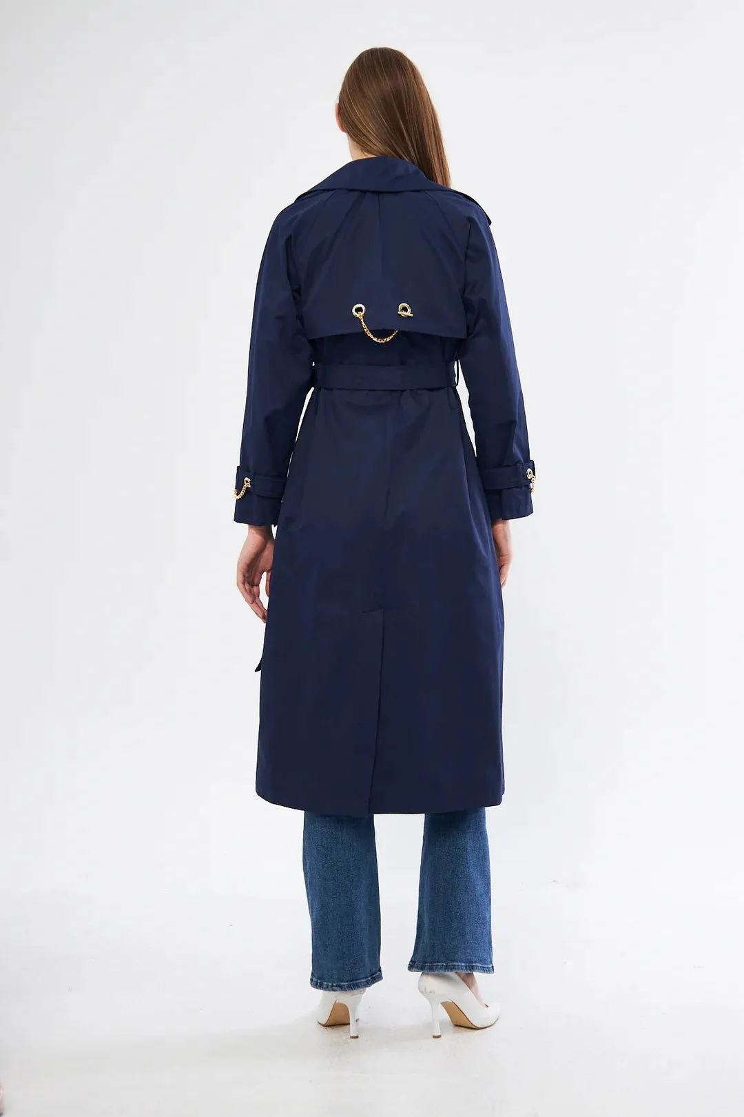 Women's Chain Detail Long Trench Coat -Navy Blue- SCB-W12386