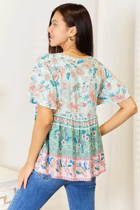 Women's Double Take Floral Tie Neck Short Sleeve Blouse