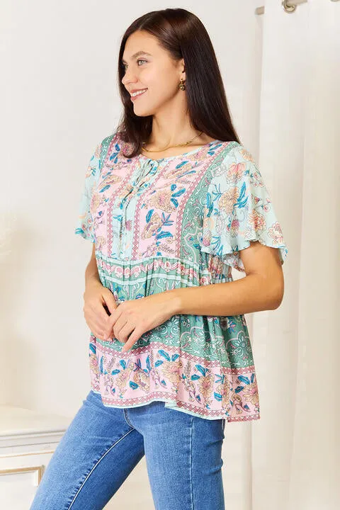 Women's Double Take Floral Tie Neck Short Sleeve Blouse