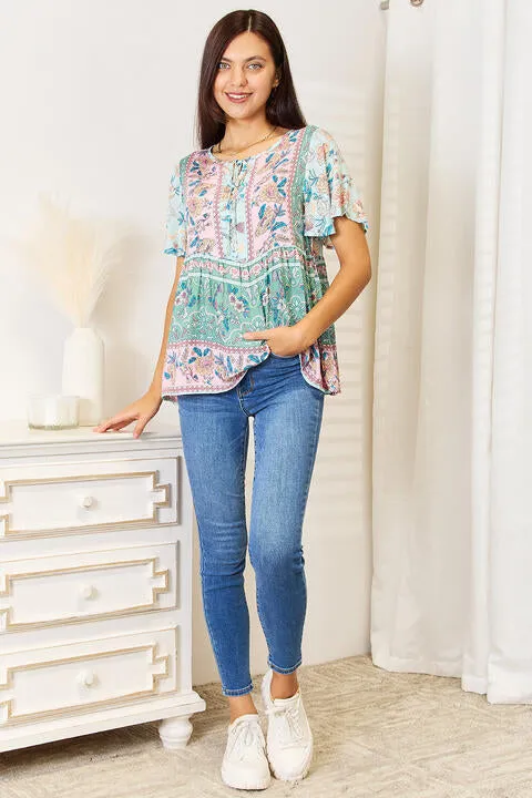 Women's Double Take Floral Tie Neck Short Sleeve Blouse