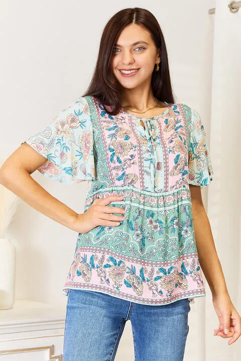 Women's Double Take Floral Tie Neck Short Sleeve Blouse