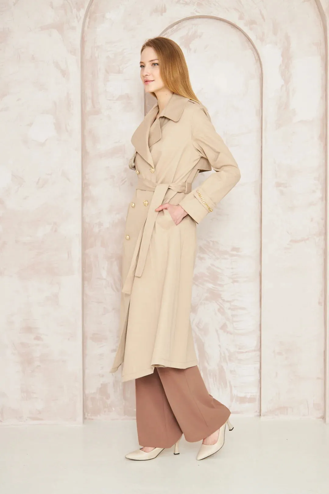 Women's Gold Button Chain Long Trench Coat Beige - SCB-W12385