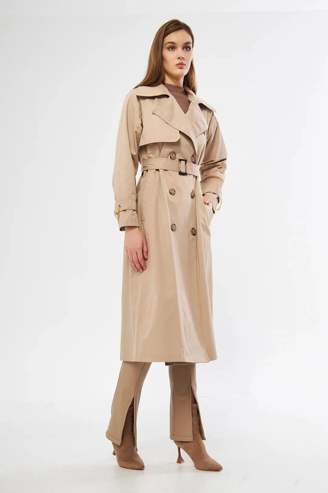 Women's Long Trench Coat with Chain Detail - Beige - SCB-W12388