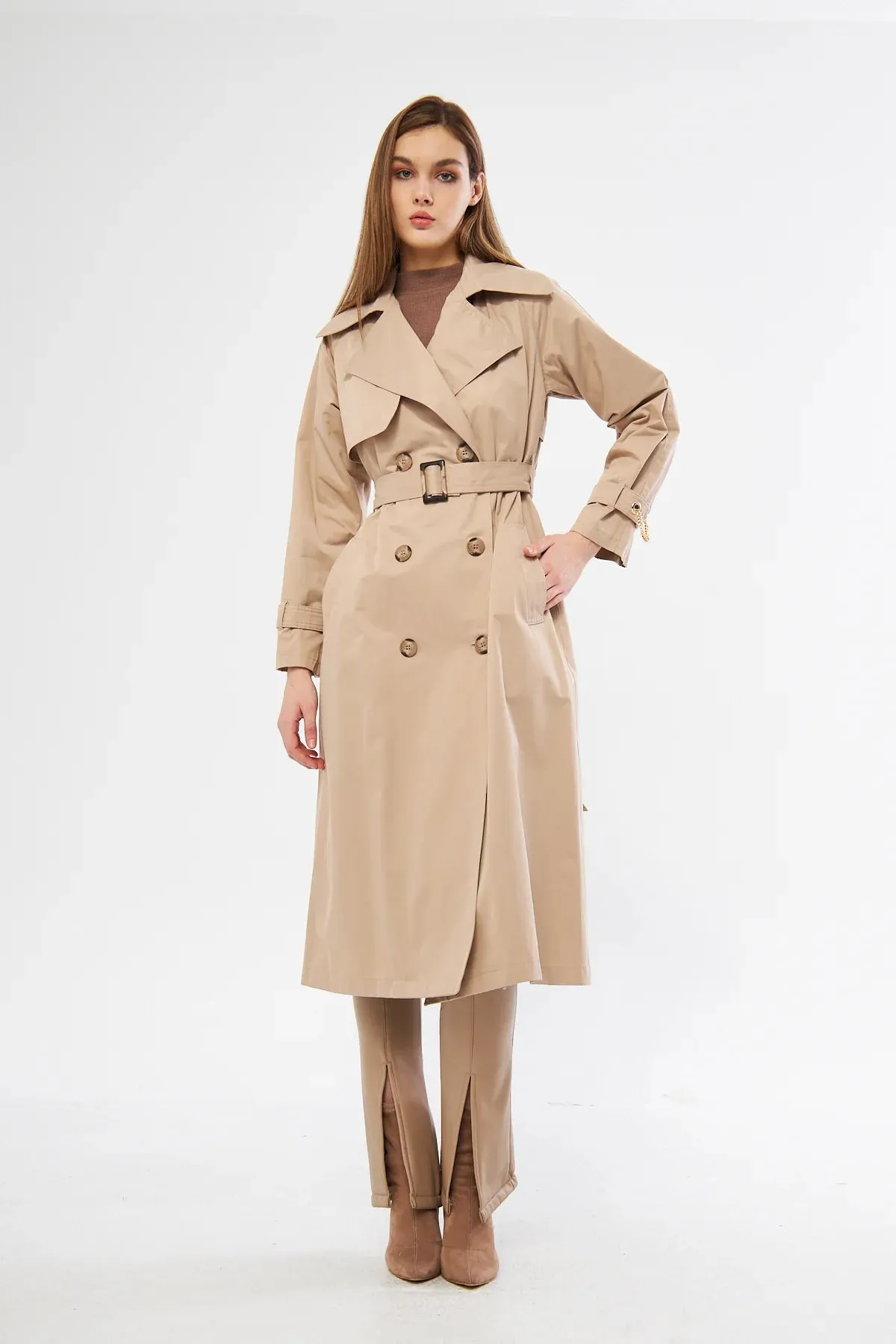 Women's Long Trench Coat with Chain Detail - Beige - SCB-W12388