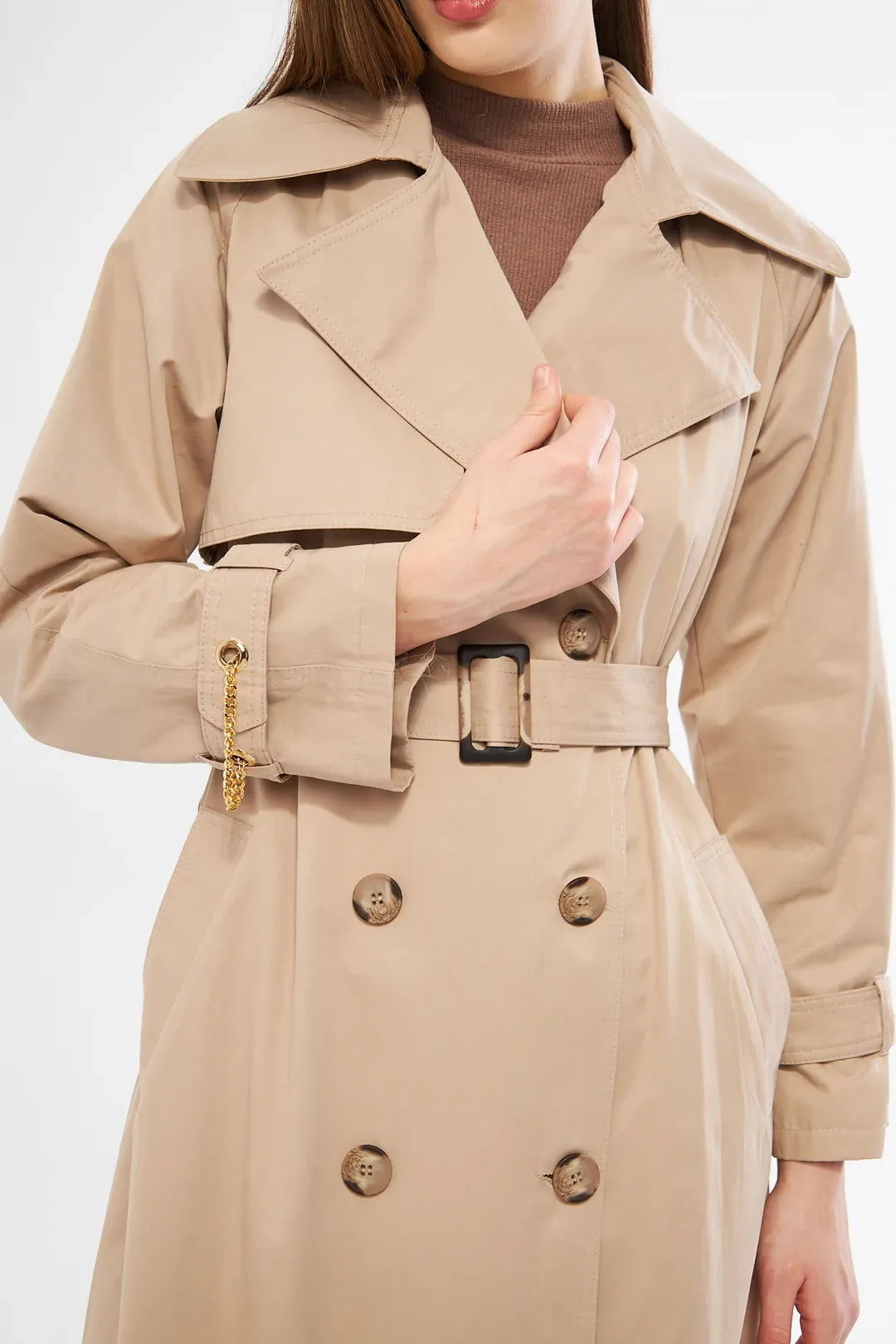 Women's Long Trench Coat with Chain Detail - Beige - SCB-W12388