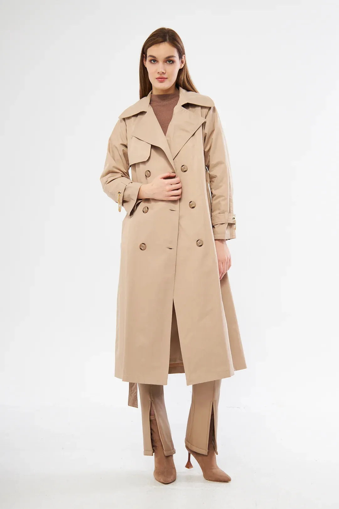 Women's Long Trench Coat with Chain Detail - Beige - SCB-W12388