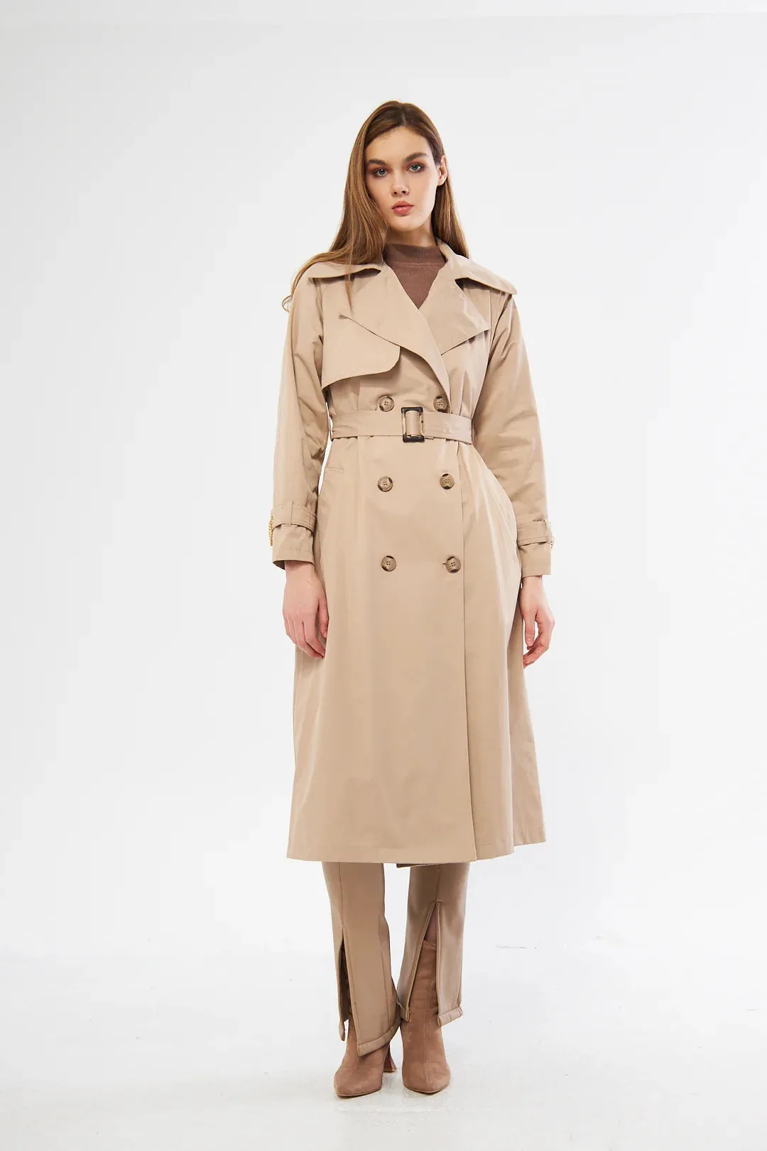 Women's Long Trench Coat with Chain Detail - Beige - SCB-W12388