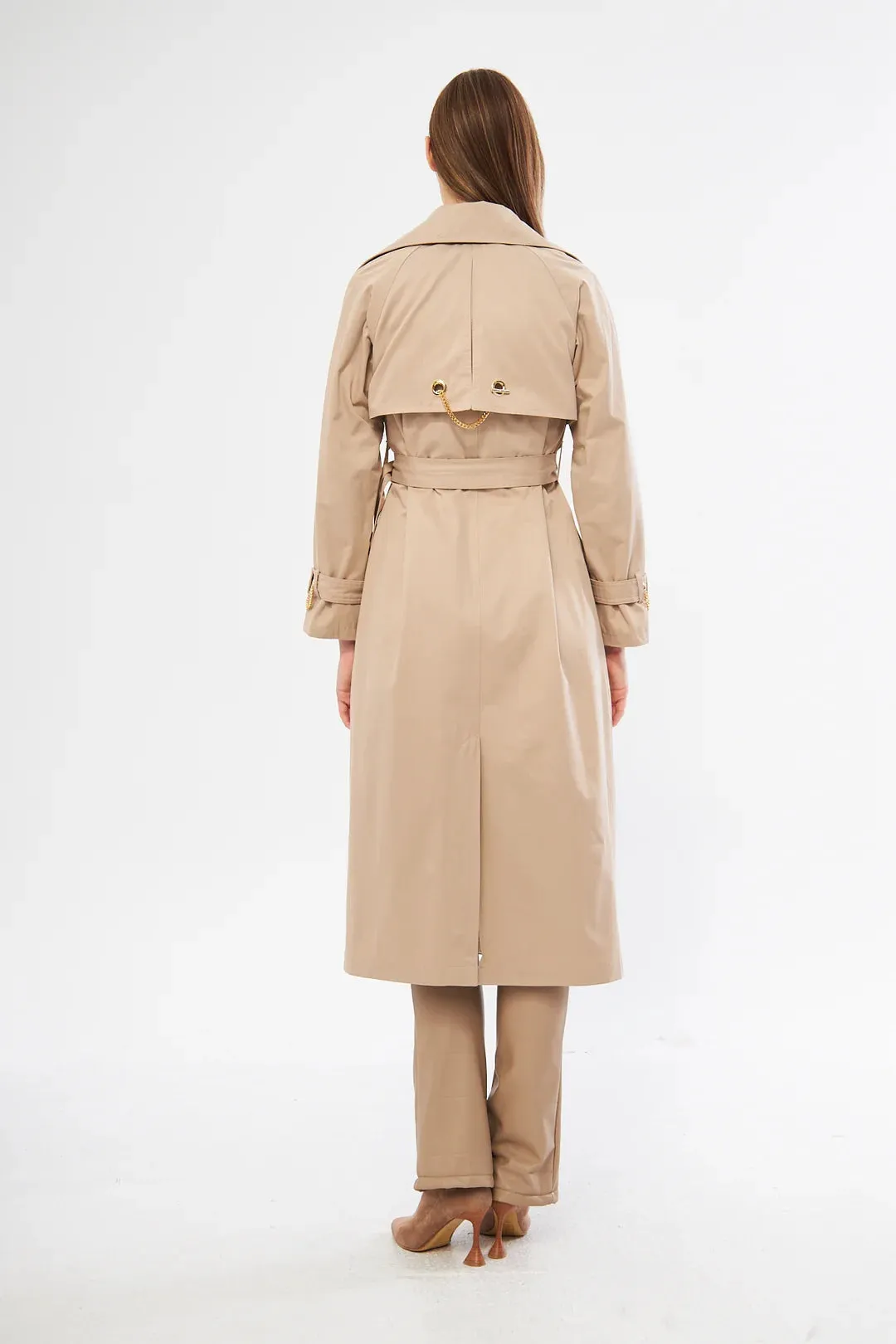 Women's Long Trench Coat with Chain Detail - Beige - SCB-W12388