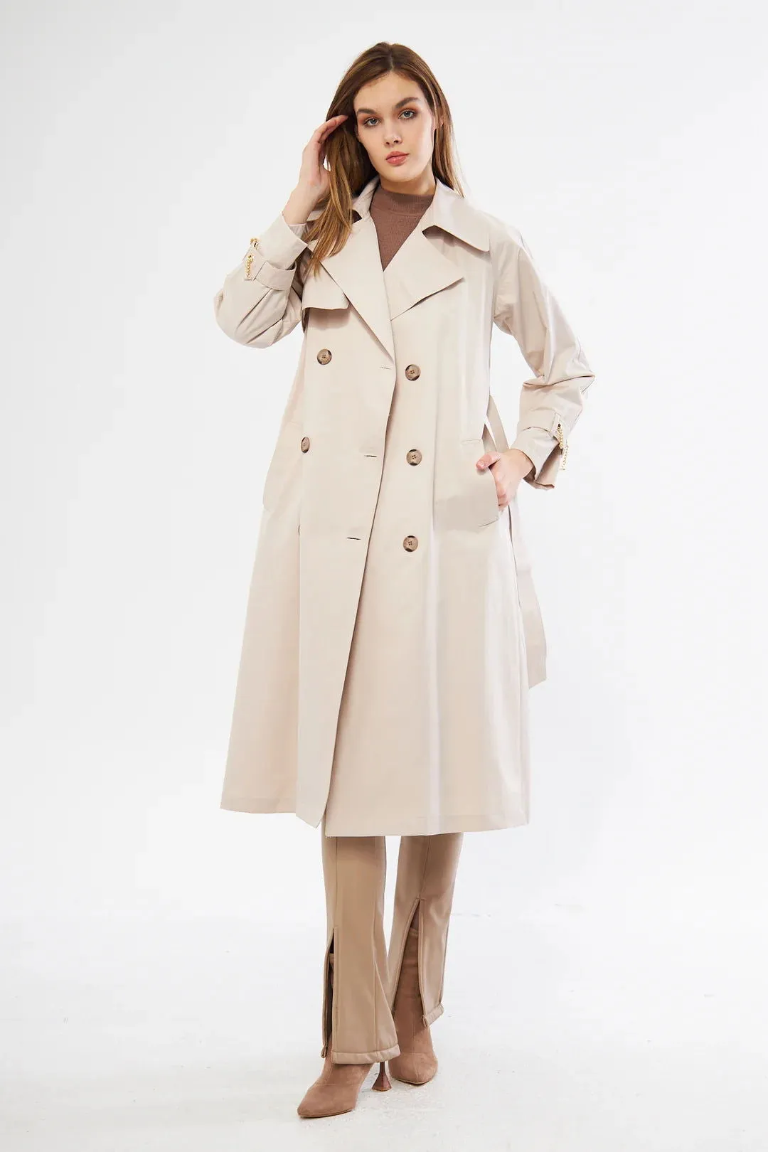 Women's Long Trench Coat with Chain Detail - Stone - SCB-W12385