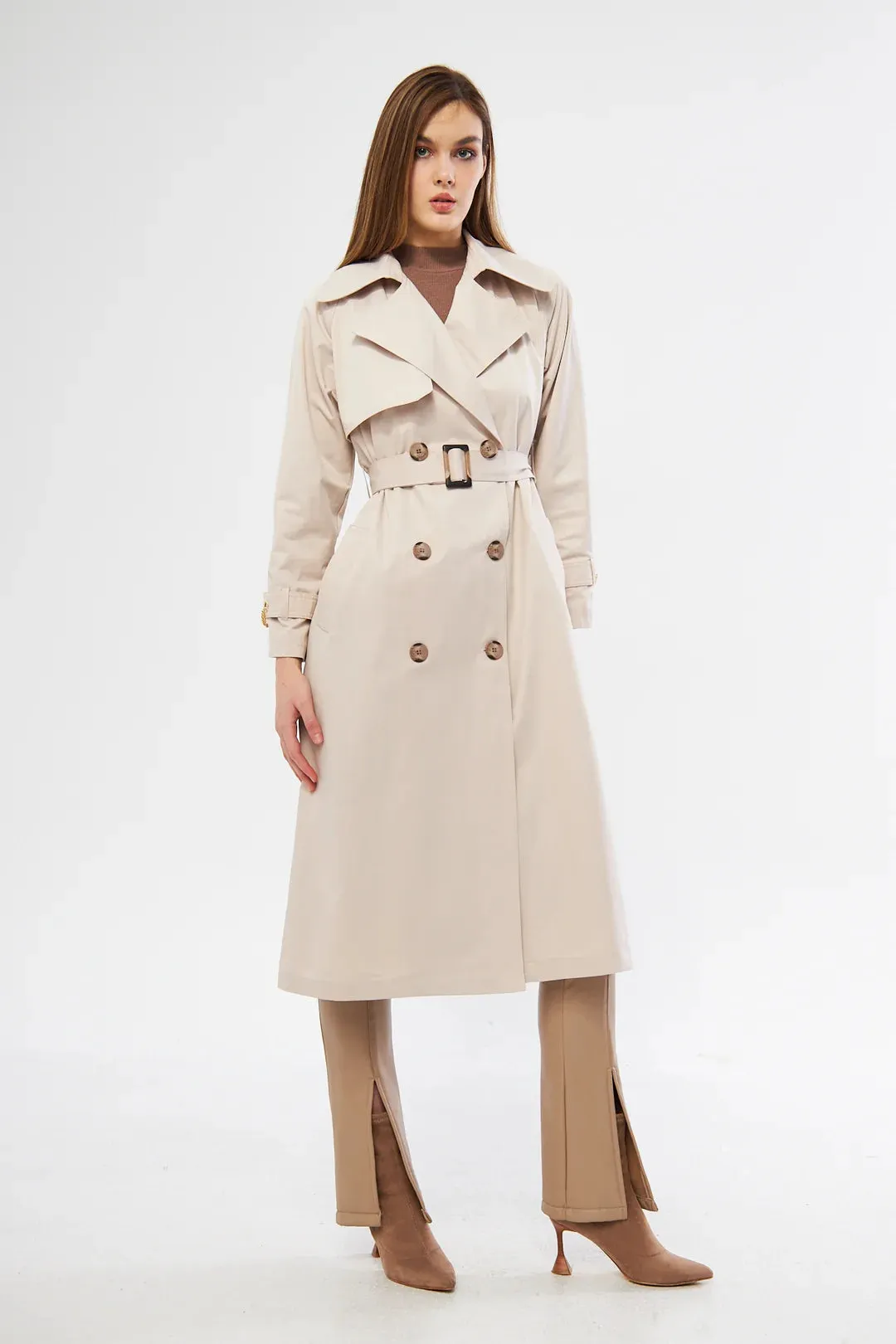 Women's Long Trench Coat with Chain Detail - Stone - SCB-W12385