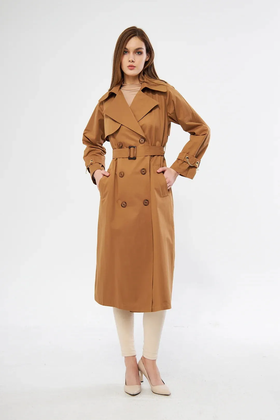 Women's Long Trench Coat with Chain Detail - Tan - SCB-W12387