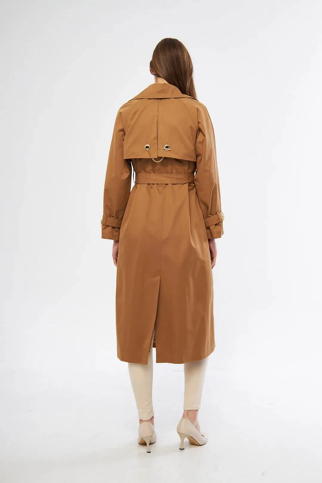 Women's Long Trench Coat with Chain Detail - Tan - SCB-W12387