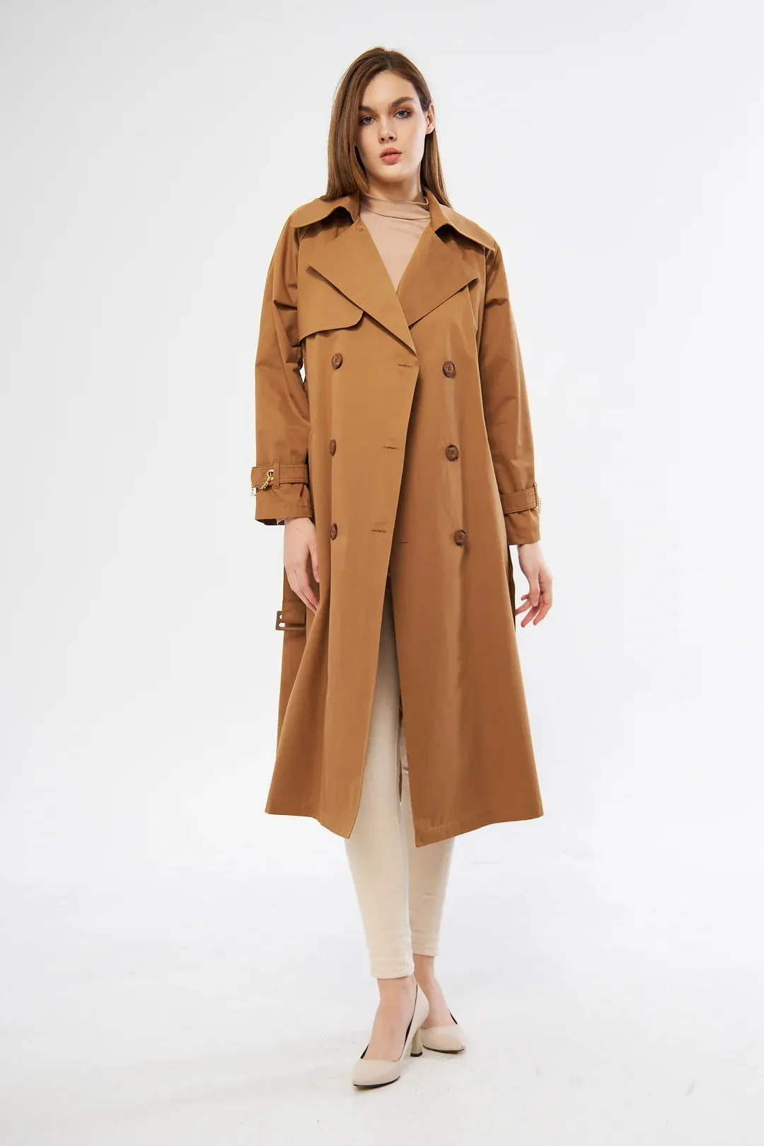 Women's Long Trench Coat with Chain Detail - Tan - SCB-W12387