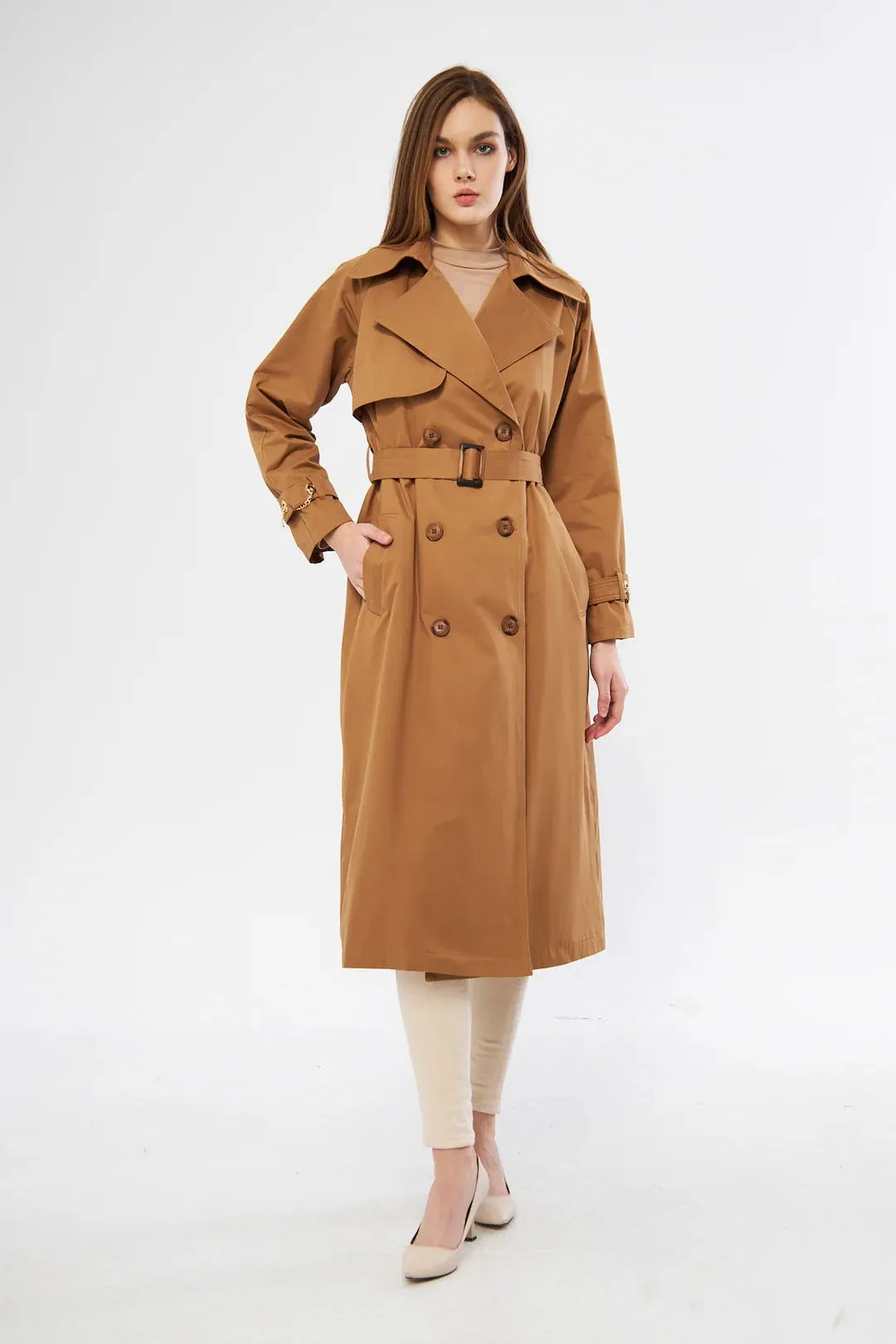 Women's Long Trench Coat with Chain Detail - Tan - SCB-W12387