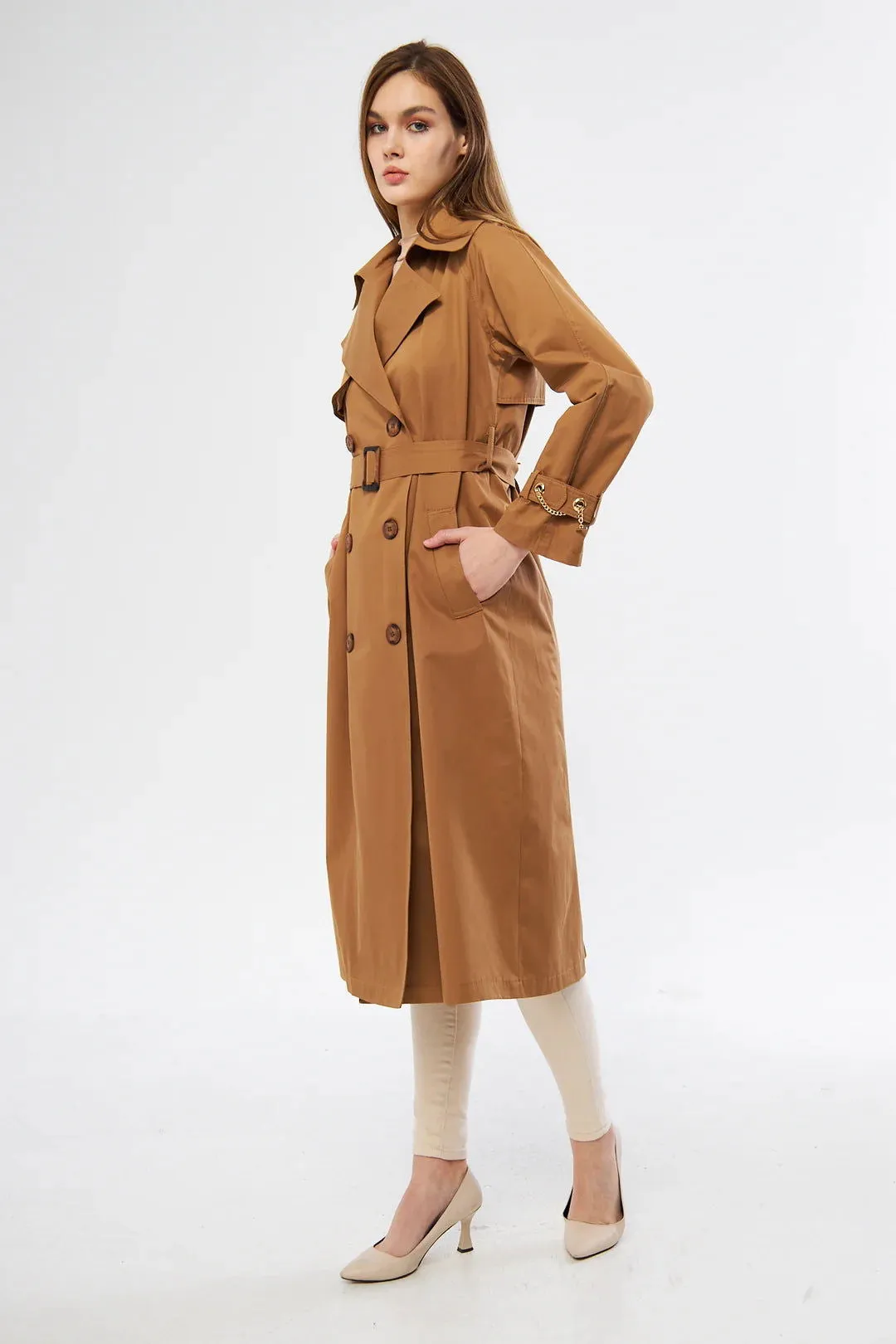 Women's Long Trench Coat with Chain Detail - Tan - SCB-W12387