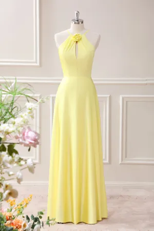 Yellow A Line Halter Cut Out Maxi Dress with Flower